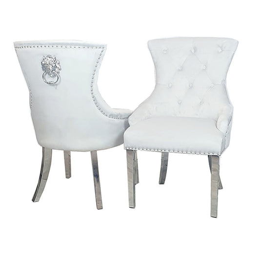 Megan Velvet Dining Chair | Chrome Legs with Plain Back & Lion Knocker - Light Grey | Dark Grey