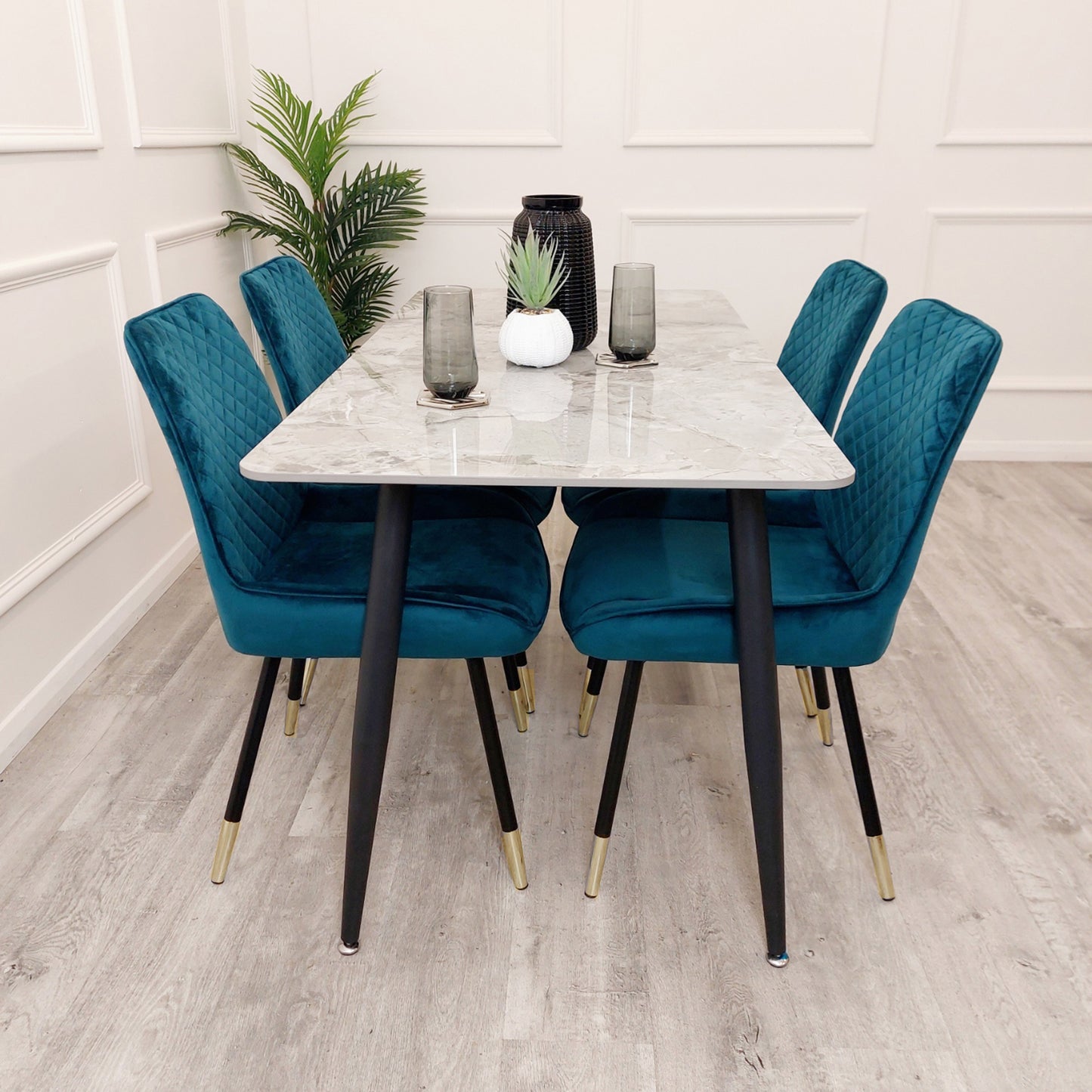 Luna Velvet Dining Chair | Gold Tipped Black Legs - Black | Blue | Cream | Green | Iron | Teal