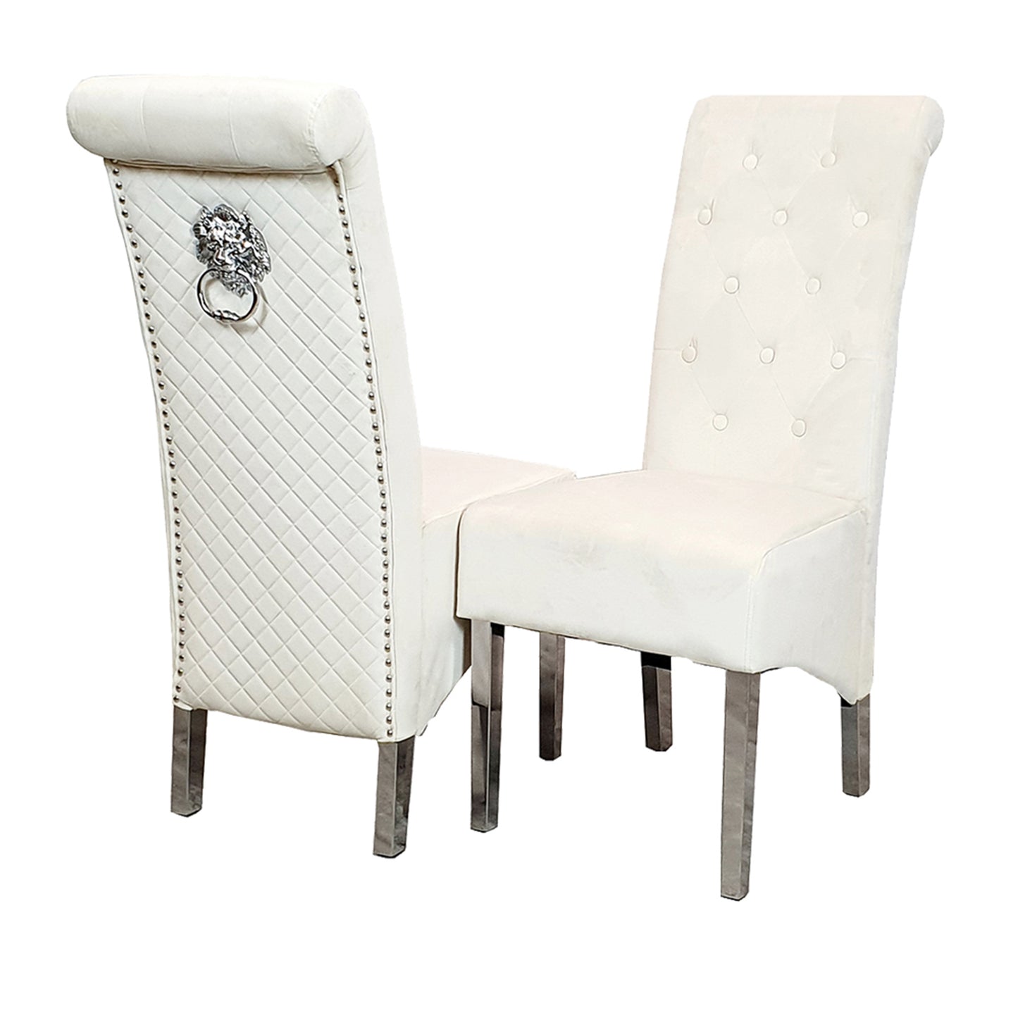 Emma Velvet Dining Chair | Chrome Legs with Lion Knocker & Quilted Back - Black | Cream | Dark Grey | Grey Shimmer