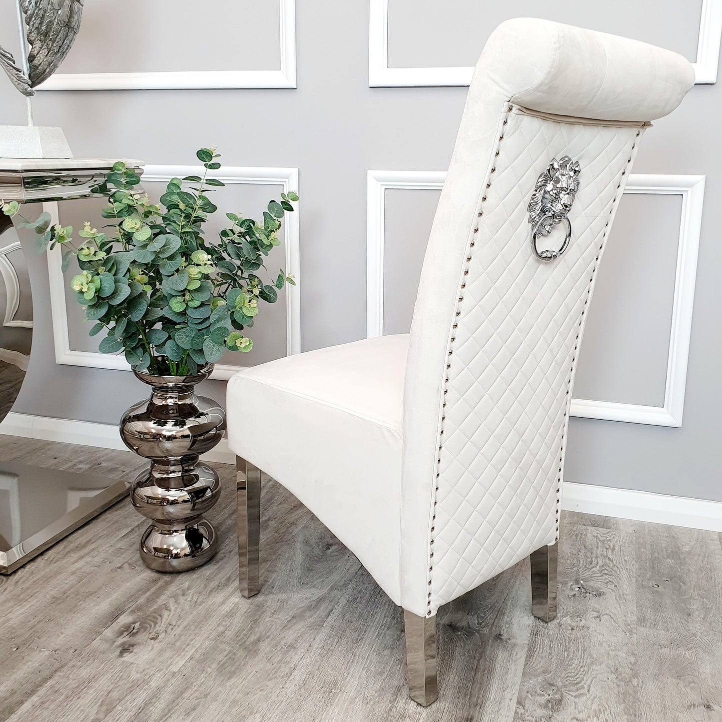 Emma Velvet Dining Chair | Chrome Legs with Lion Knocker & Quilted Back - Black | Cream | Dark Grey | Grey Shimmer