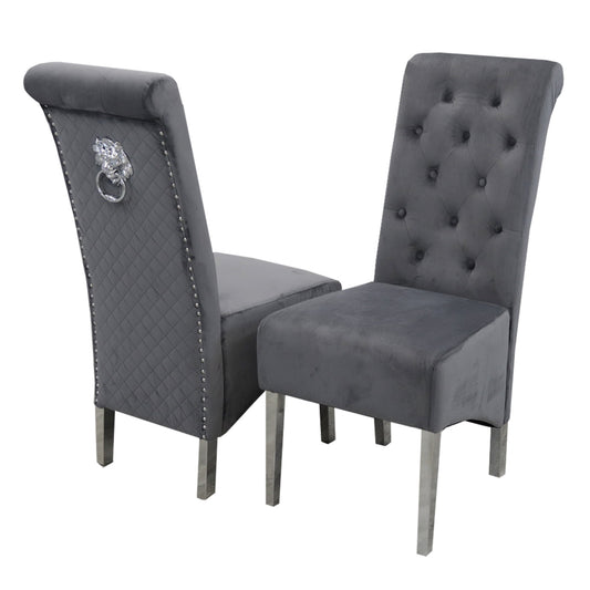 Emma Velvet Dining Chair | Chrome Legs with Lion Knocker & Quilted Back - Black | Cream | Dark Grey | Grey Shimmer