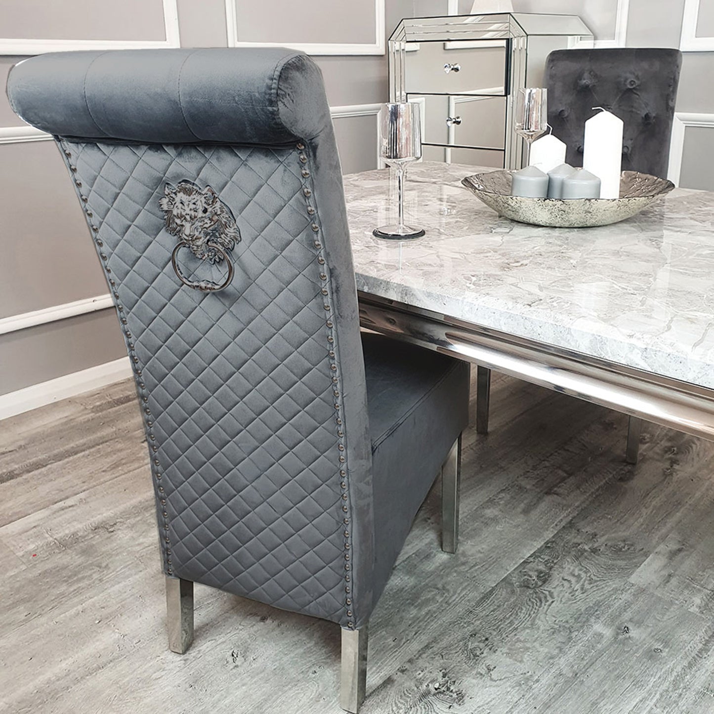 Emma Velvet Dining Chair | Chrome Legs with Lion Knocker & Quilted Back - Black | Cream | Dark Grey | Grey Shimmer