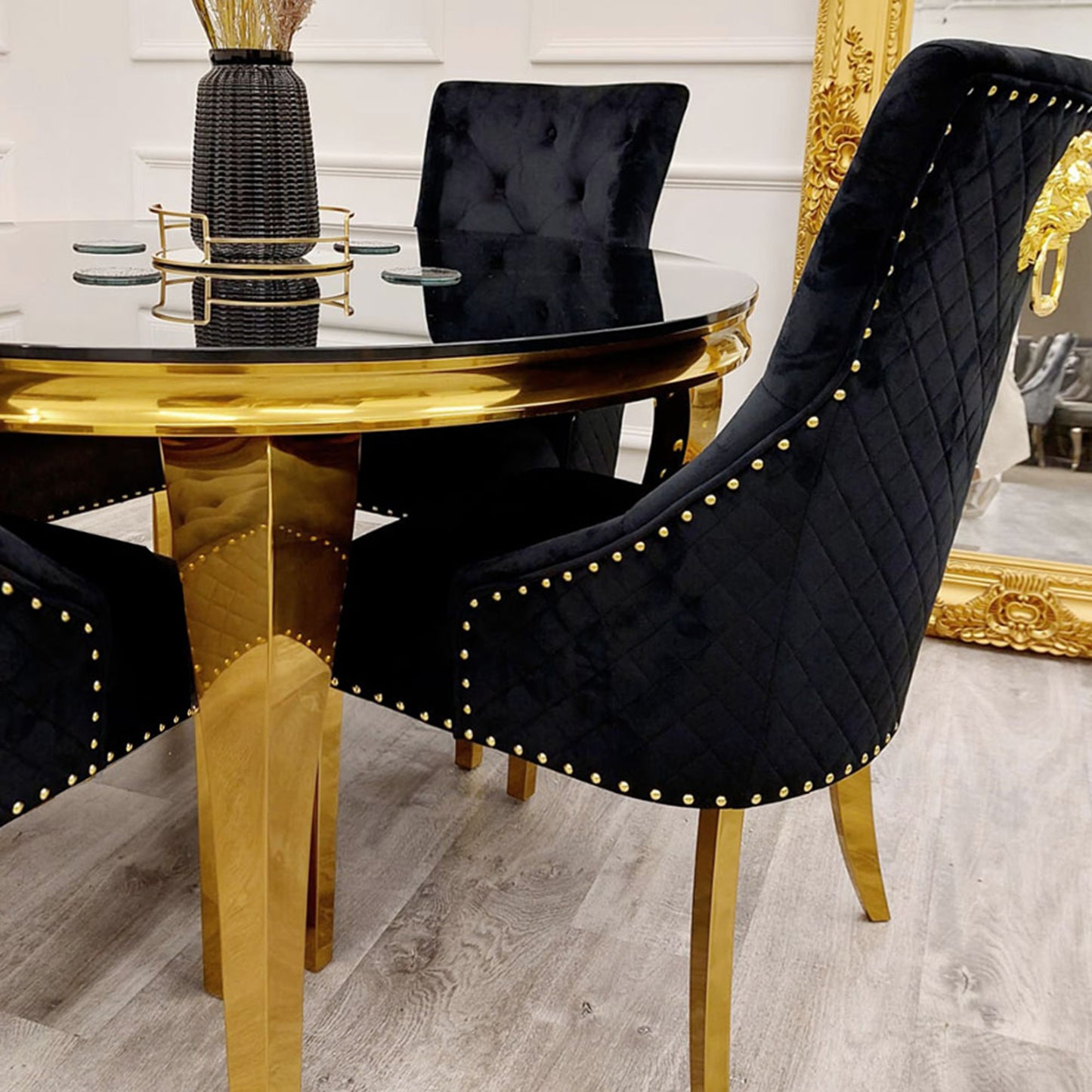 Bentley Velvet Dining Chair | Gold Legs with Lion Knocker & Quilted Back - Black | Light Grey | Cream | Beige