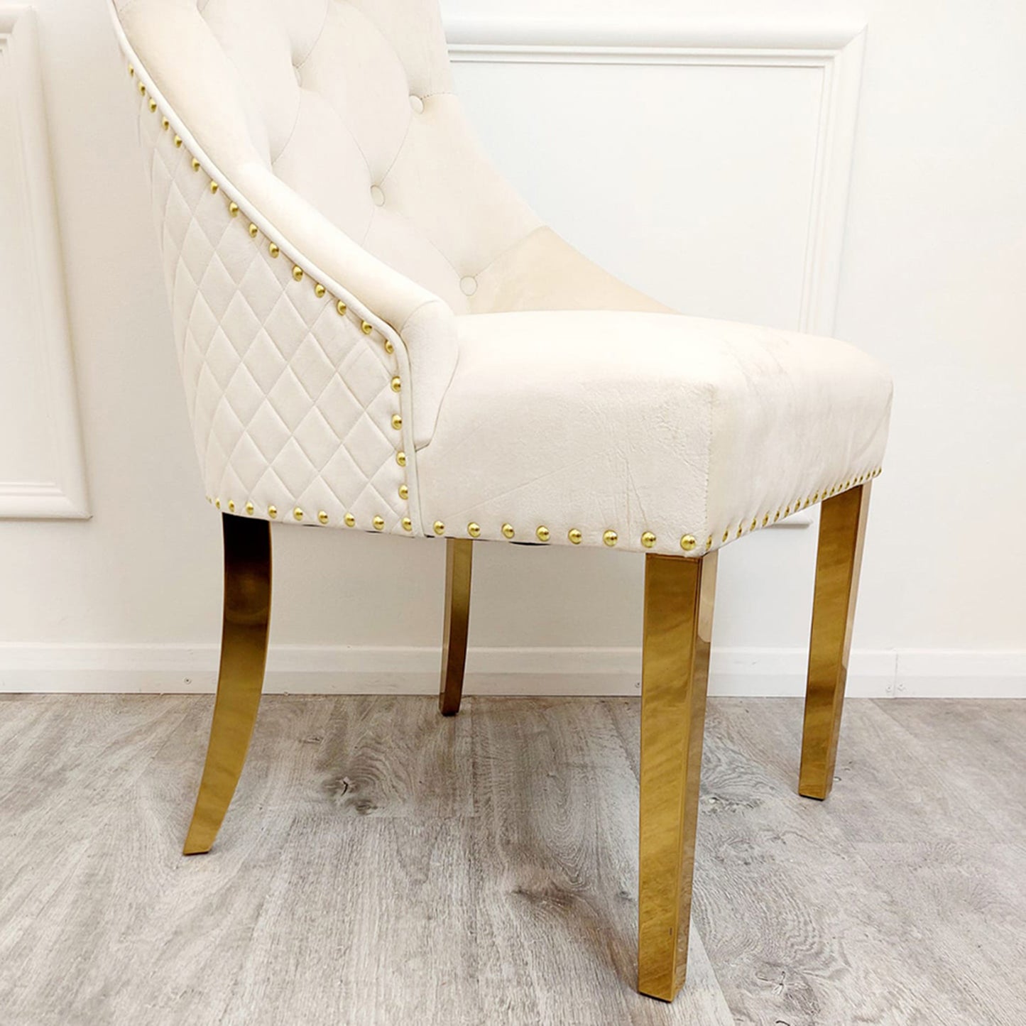Bentley Velvet Dining Chair | Gold Legs with Lion Knocker & Quilted Back - Black | Light Grey | Cream | Beige
