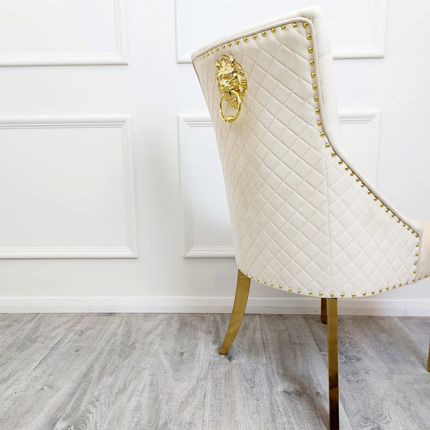 Bentley Velvet Dining Chair | Gold Legs with Lion Knocker & Quilted Back - Black | Light Grey | Cream | Beige