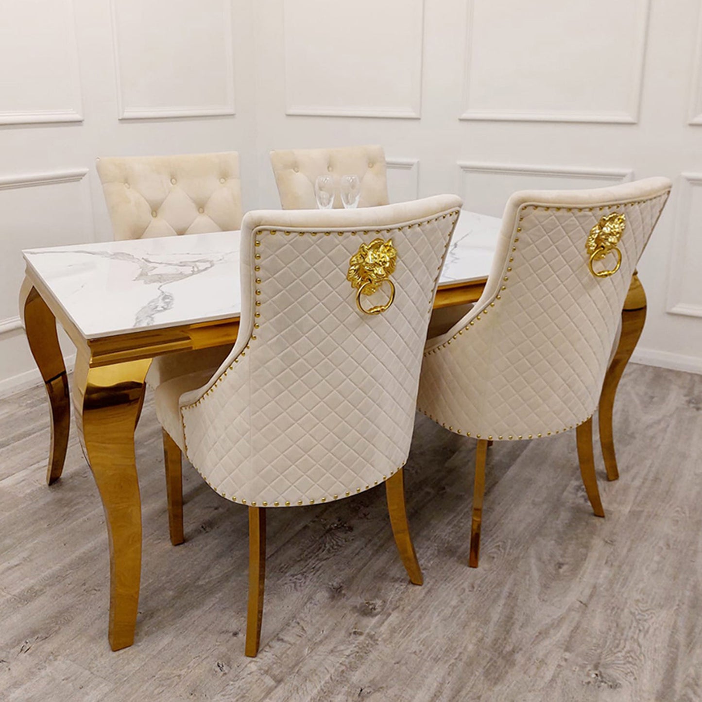 Bentley Velvet Dining Chair | Gold Legs with Lion Knocker & Quilted Back - Black | Light Grey | Cream | Beige
