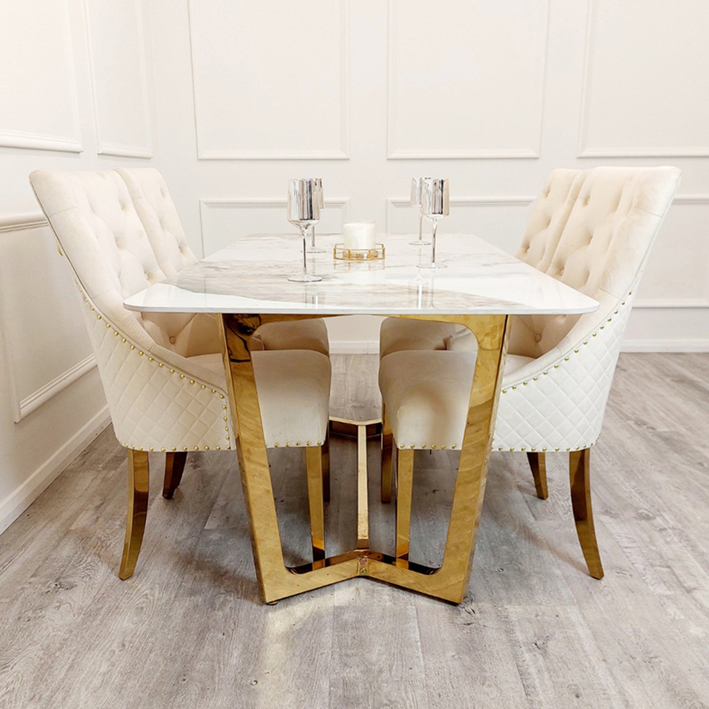 Bentley Velvet Dining Chair | Gold Legs with Lion Knocker & Quilted Back - Black | Light Grey | Cream | Beige