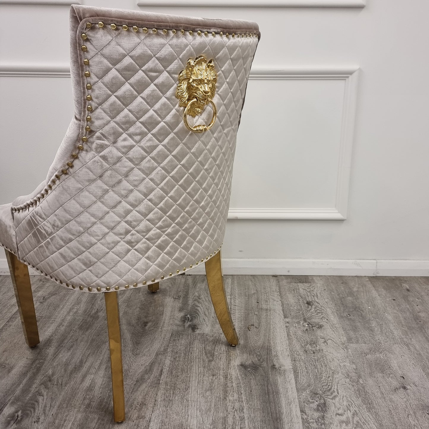 Bentley Velvet Dining Chair | Gold Legs with Lion Knocker & Quilted Back - Black | Light Grey | Cream | Beige
