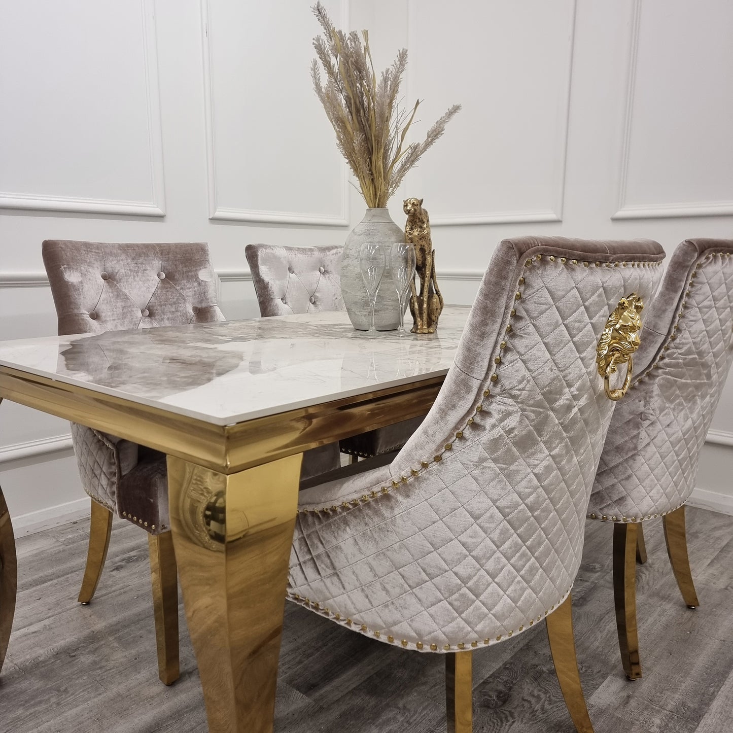 Bentley Velvet Dining Chair | Gold Legs with Lion Knocker & Quilted Back - Black | Light Grey | Cream | Beige