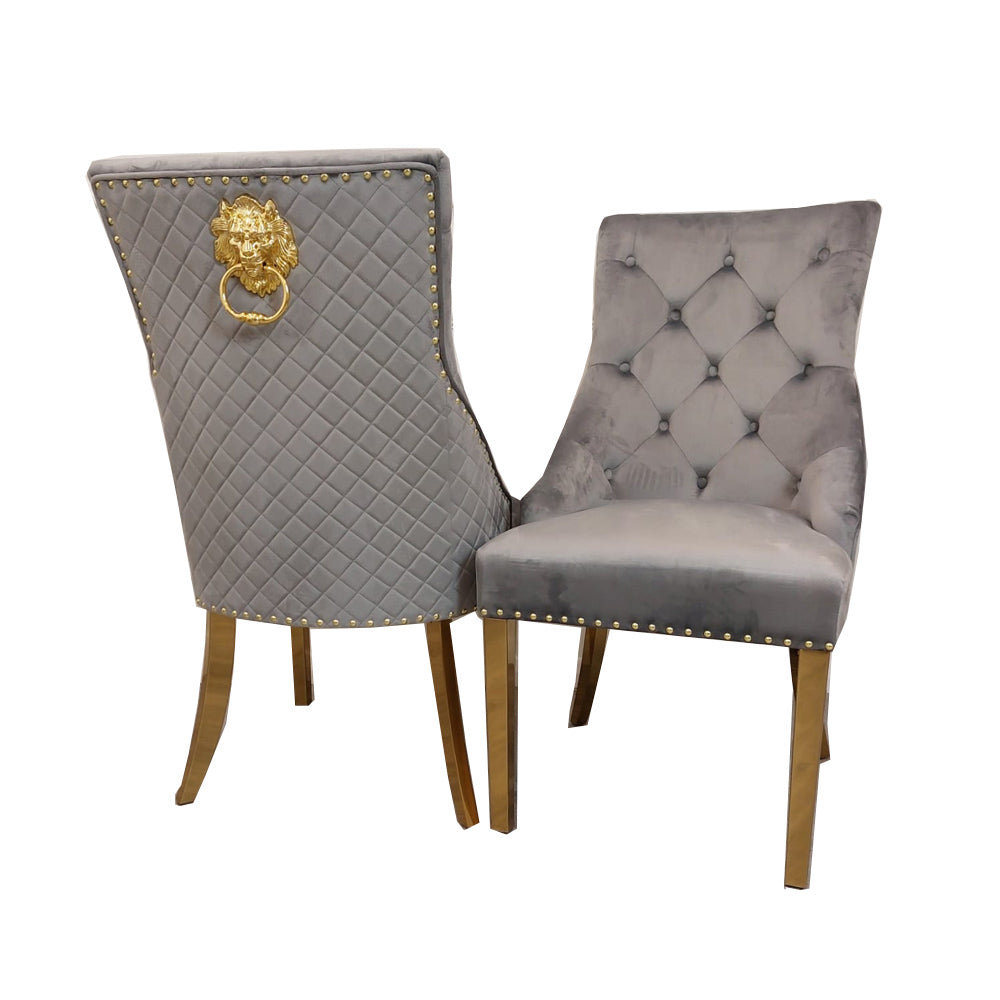 Bentley Velvet Dining Chair | Gold Legs with Lion Knocker & Quilted Back - Black | Light Grey | Cream | Beige