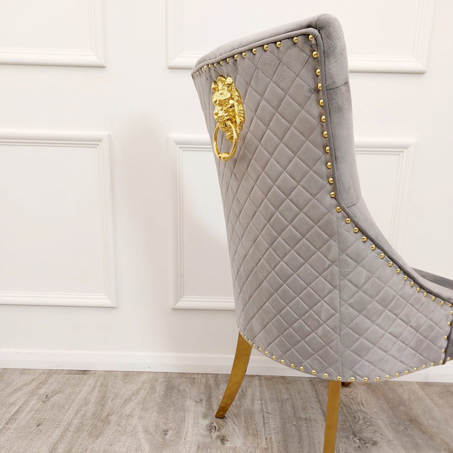 Bentley Velvet Dining Chair | Gold Legs with Lion Knocker & Quilted Back - Black | Light Grey | Cream | Beige