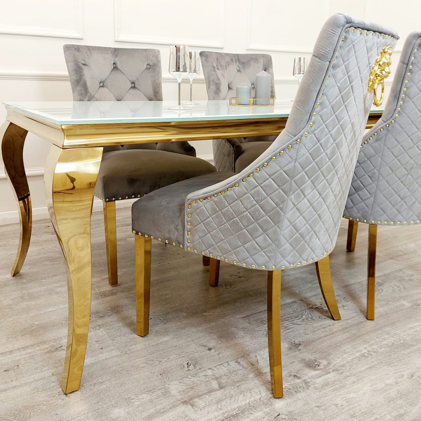 Bentley Velvet Dining Chair | Gold Legs with Lion Knocker & Quilted Back - Black | Light Grey | Cream | Beige