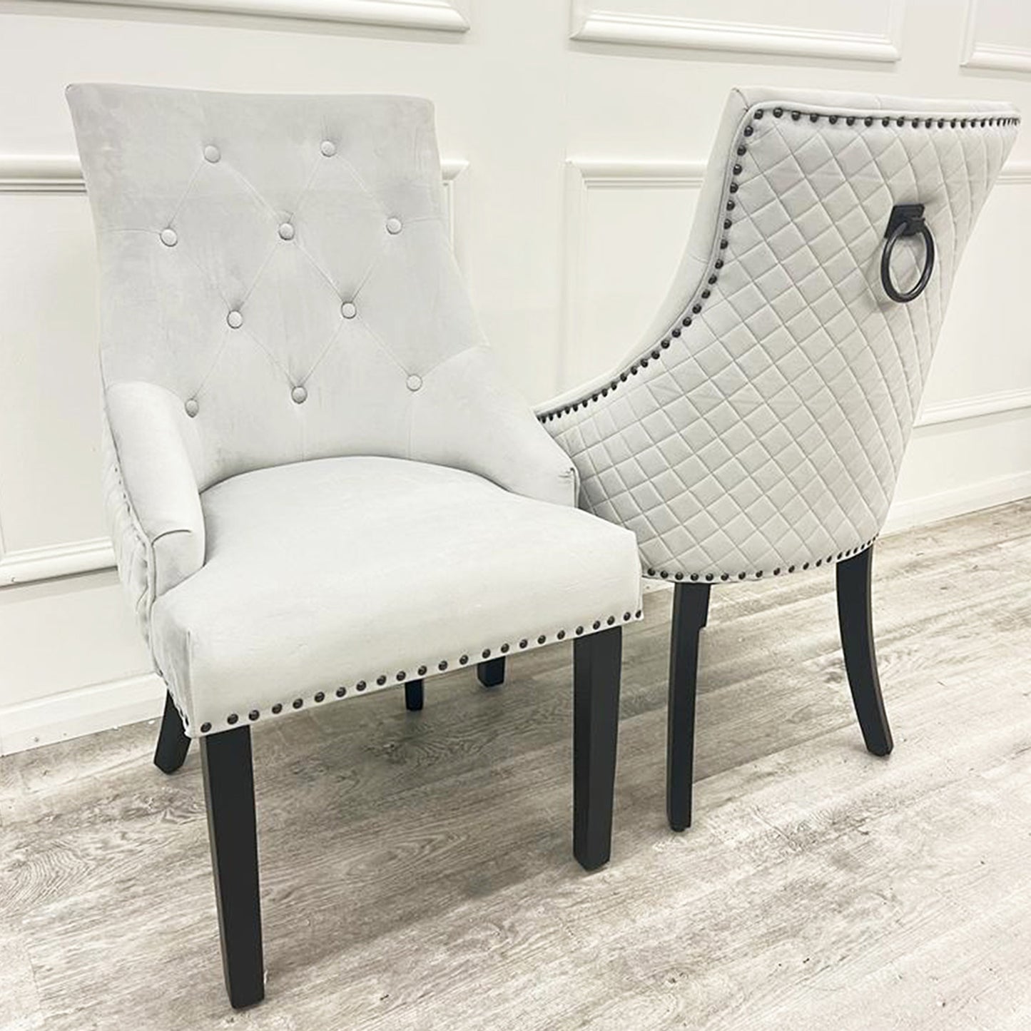 Bentley Velvet Dining Chair | Black Wooden Legs with Ring Knocker & Quilted Back - Light Grey | Dark Grey