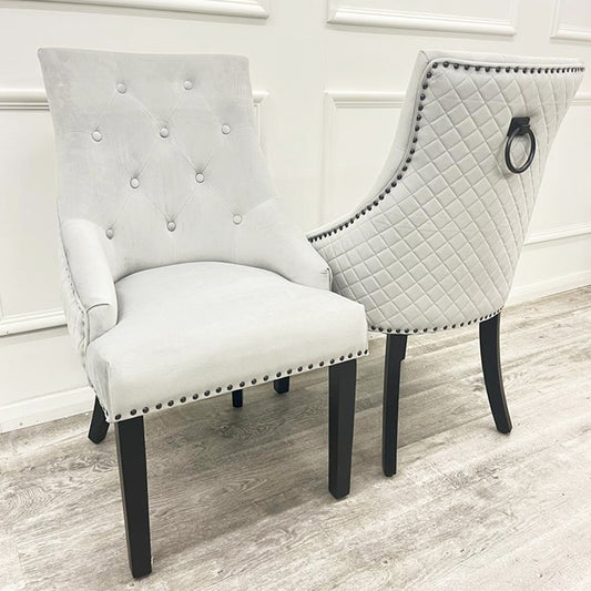 Bentley Velvet Dining Chair | Black Wooden Legs with Ring Knocker & Quilted Back - Light Grey