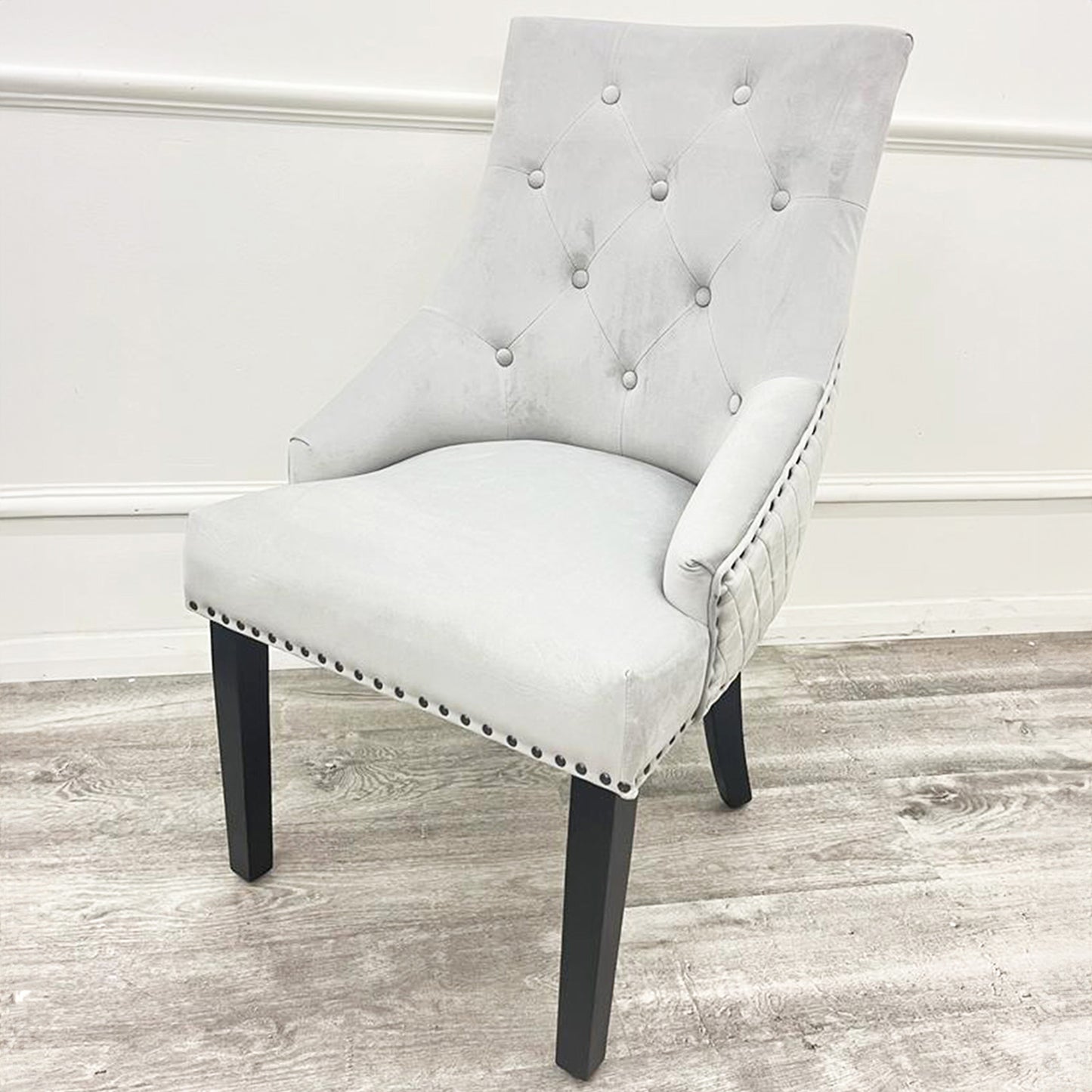 Bentley Velvet Dining Chair | Black Wooden Legs with Ring Knocker & Quilted Back - Light Grey | Dark Grey