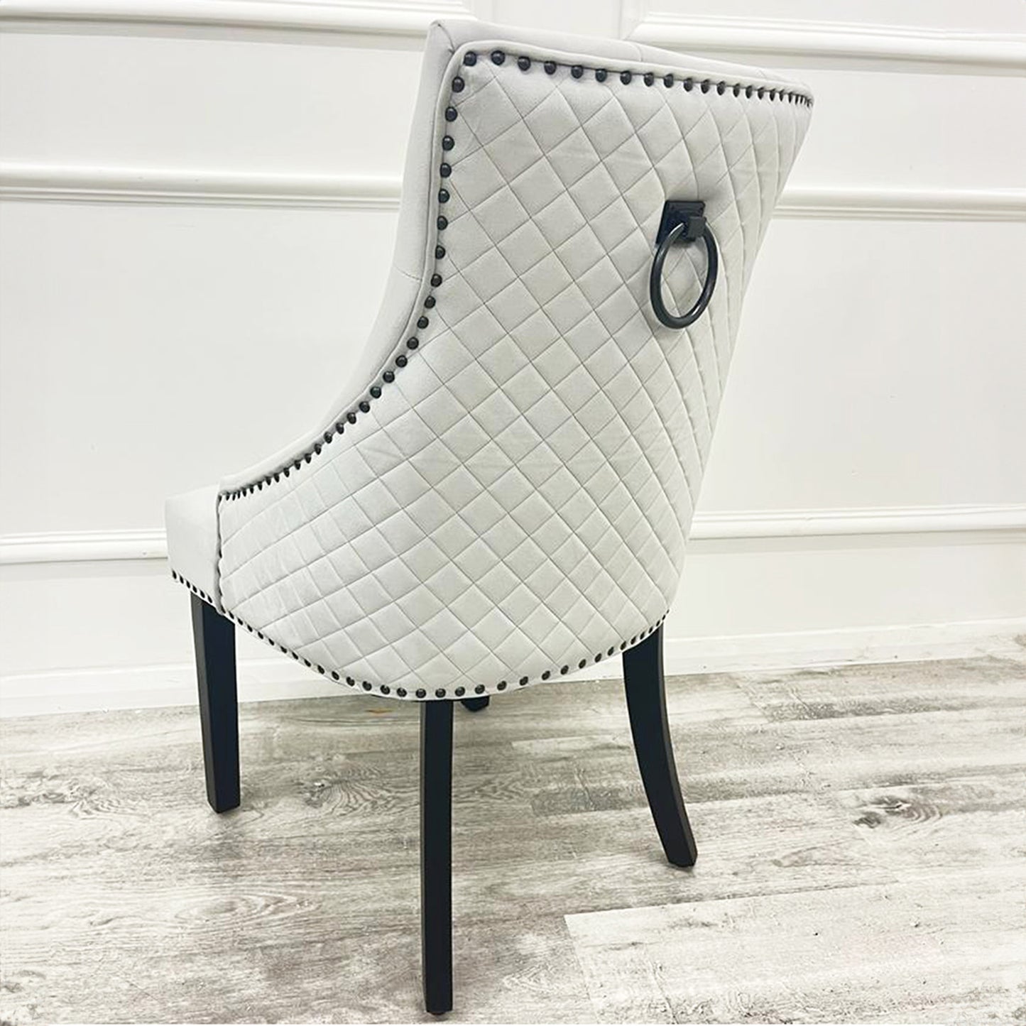 Bentley Velvet Dining Chair | Black Wooden Legs with Ring Knocker & Quilted Back - Light Grey | Dark Grey