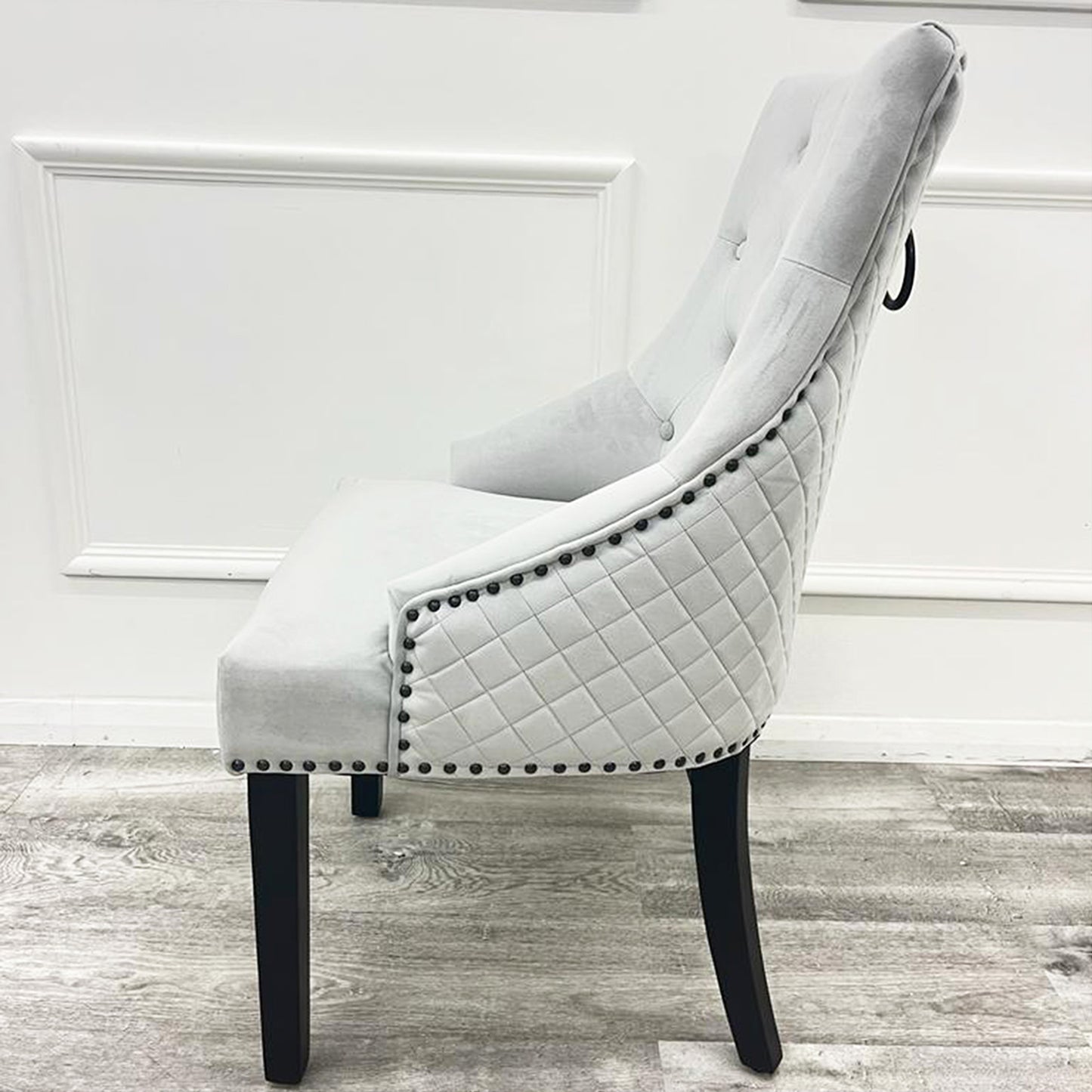 Bentley Velvet Dining Chair | Black Wooden Legs with Ring Knocker & Quilted Back - Light Grey | Dark Grey