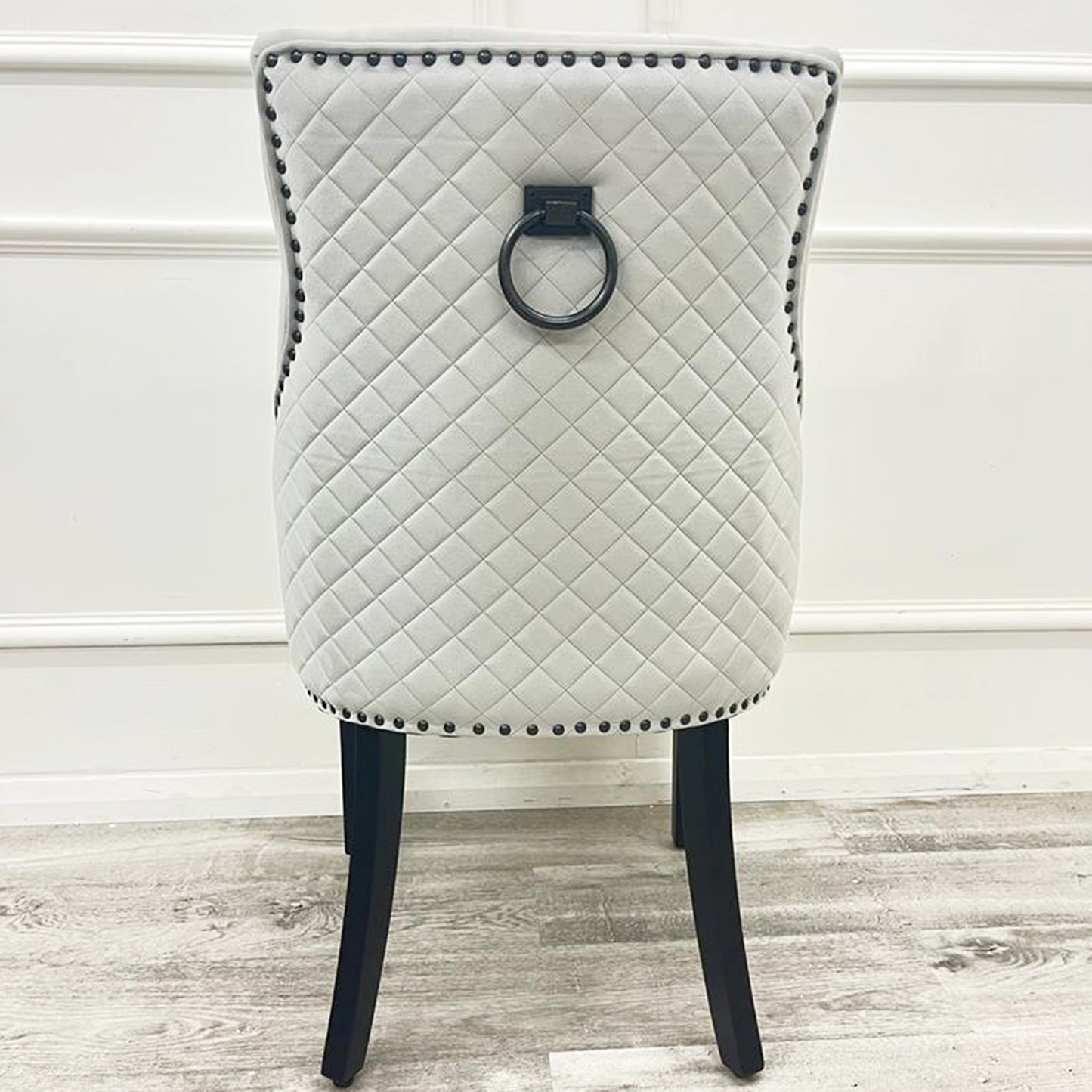 Bentley Velvet Dining Chair | Black Wooden Legs with Ring Knocker & Quilted Back - Light Grey | Dark Grey