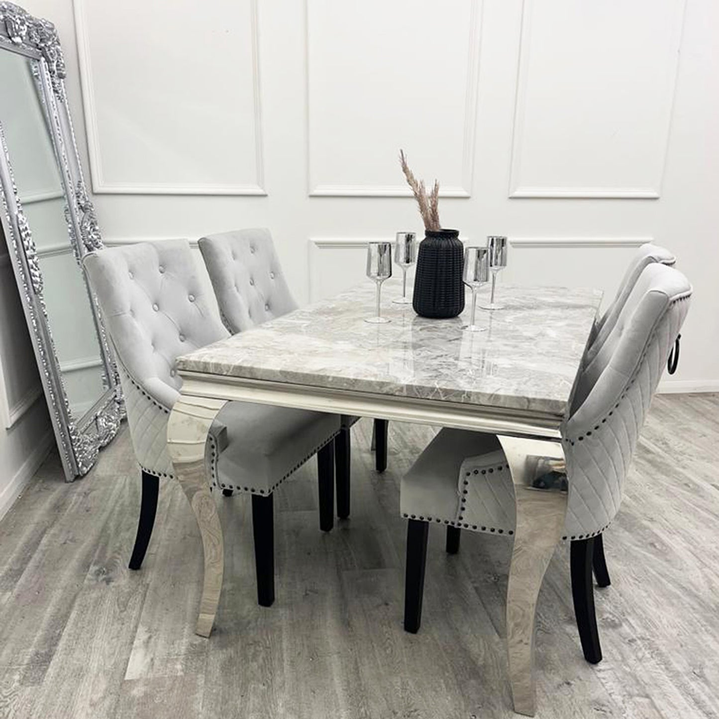 Bentley Velvet Dining Chair | Black Wooden Legs with Ring Knocker & Quilted Back - Light Grey | Dark Grey
