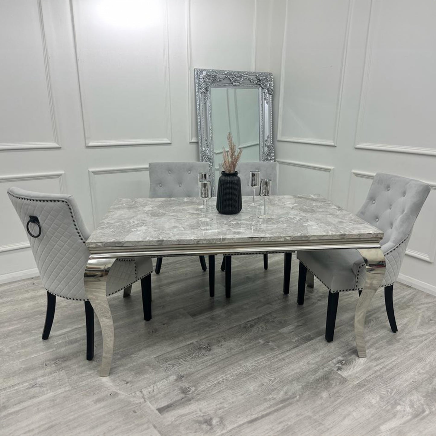 Bentley Velvet Dining Chair | Black Wooden Legs with Ring Knocker & Quilted Back - Light Grey | Dark Grey