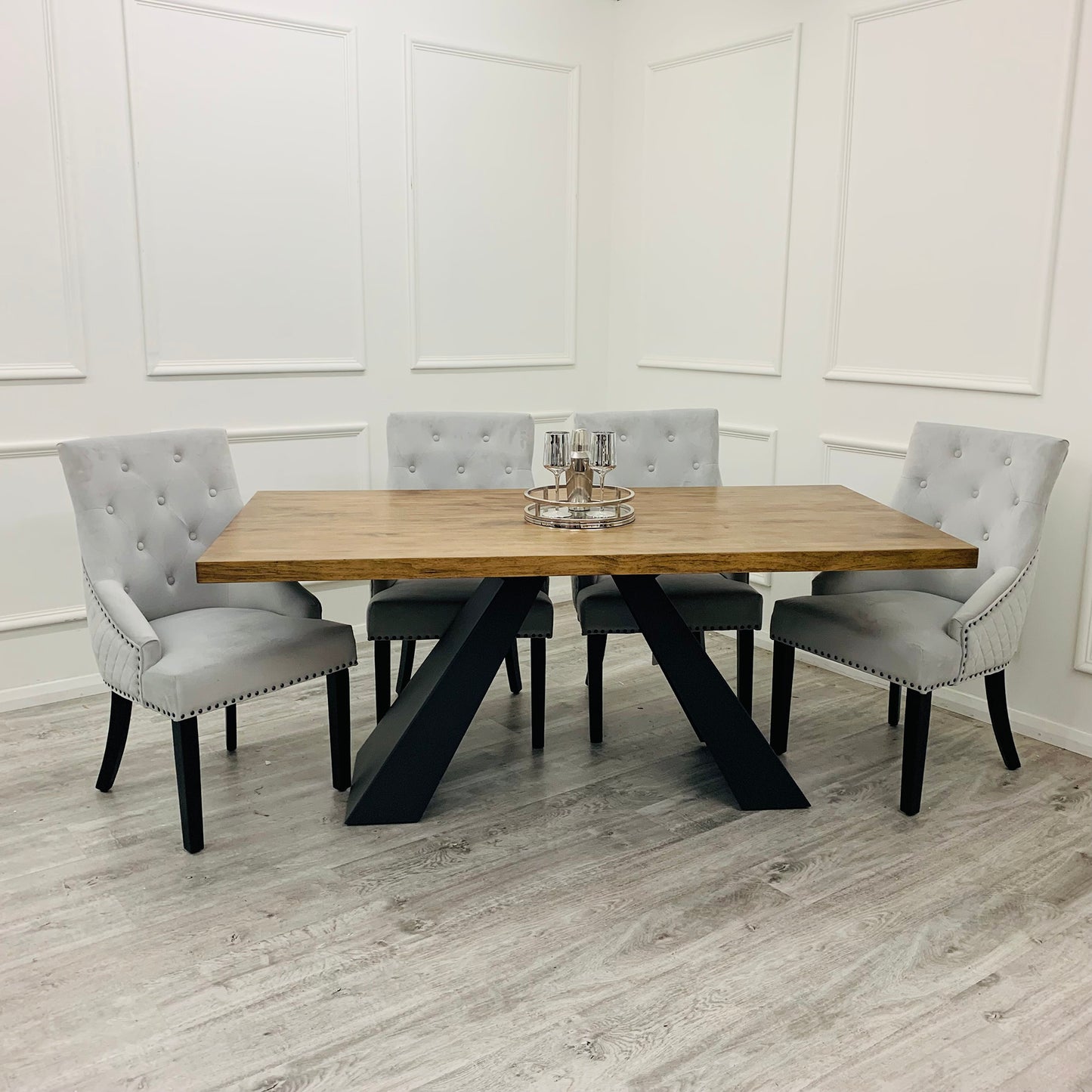 Bentley Velvet Dining Chair | Black Wooden Legs with Ring Knocker & Quilted Back - Light Grey | Dark Grey