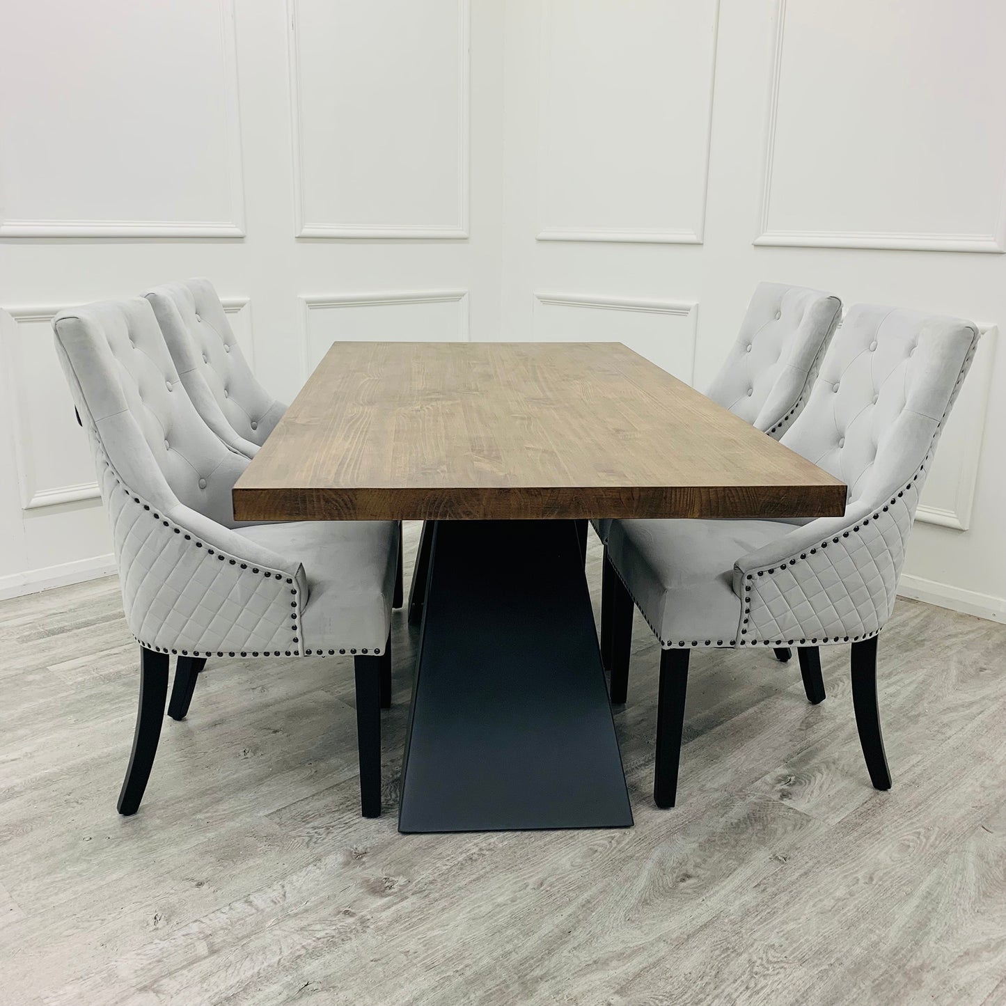 Bentley Velvet Dining Chair | Black Wooden Legs with Ring Knocker & Quilted Back - Light Grey | Dark Grey