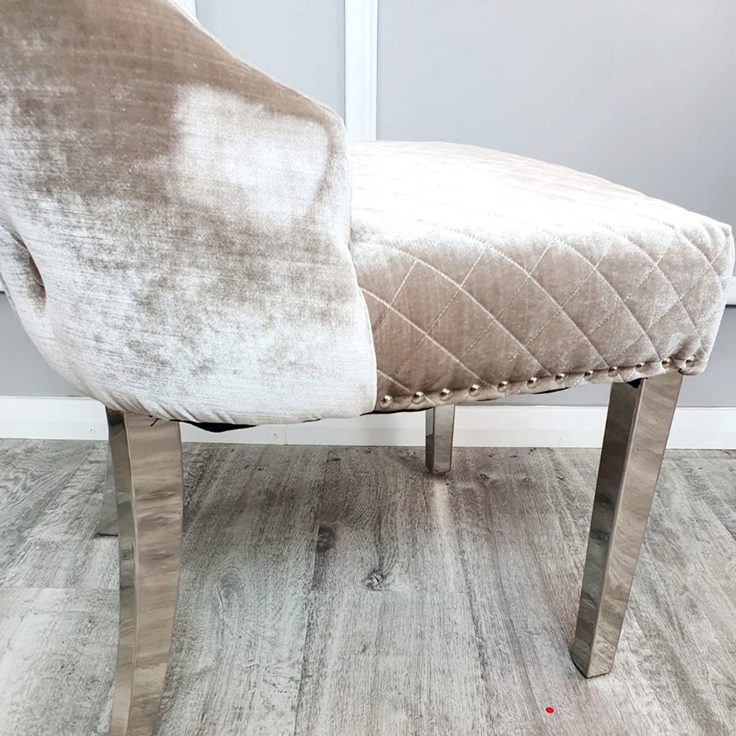 Chelsea Velvet Dining Chair | Chrome Legs with Lion Knocker & Buttoned Back - Dark Grey | Beige Shimmer