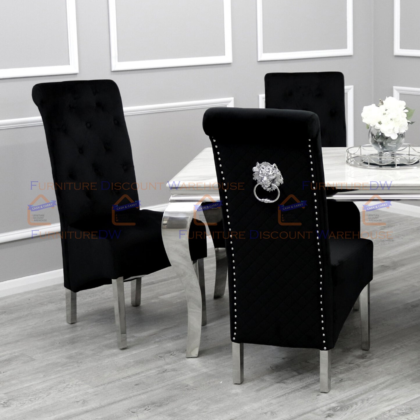 Emma Velvet Dining Chair | Chrome Legs with Lion Knocker & Quilted Back - Black | Cream | Dark Grey | Grey Shimmer