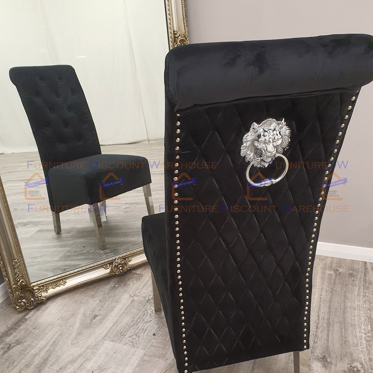 Emma Velvet Dining Chair | Chrome Legs with Lion Knocker & Quilted Back - Black | Cream | Dark Grey | Grey Shimmer