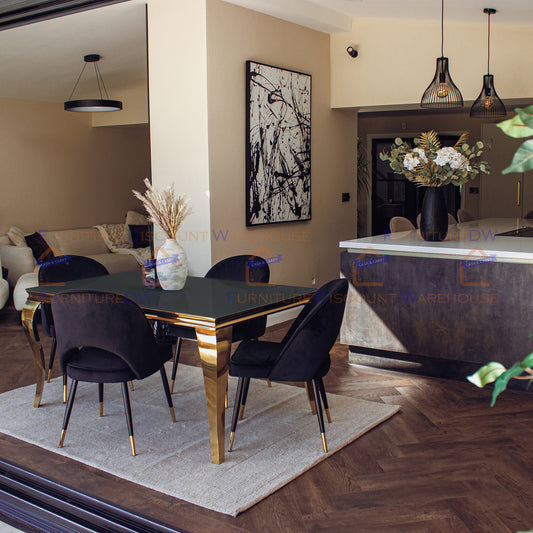 Louis Gold Dining Table 1.4m - Black Tempered Glass Top