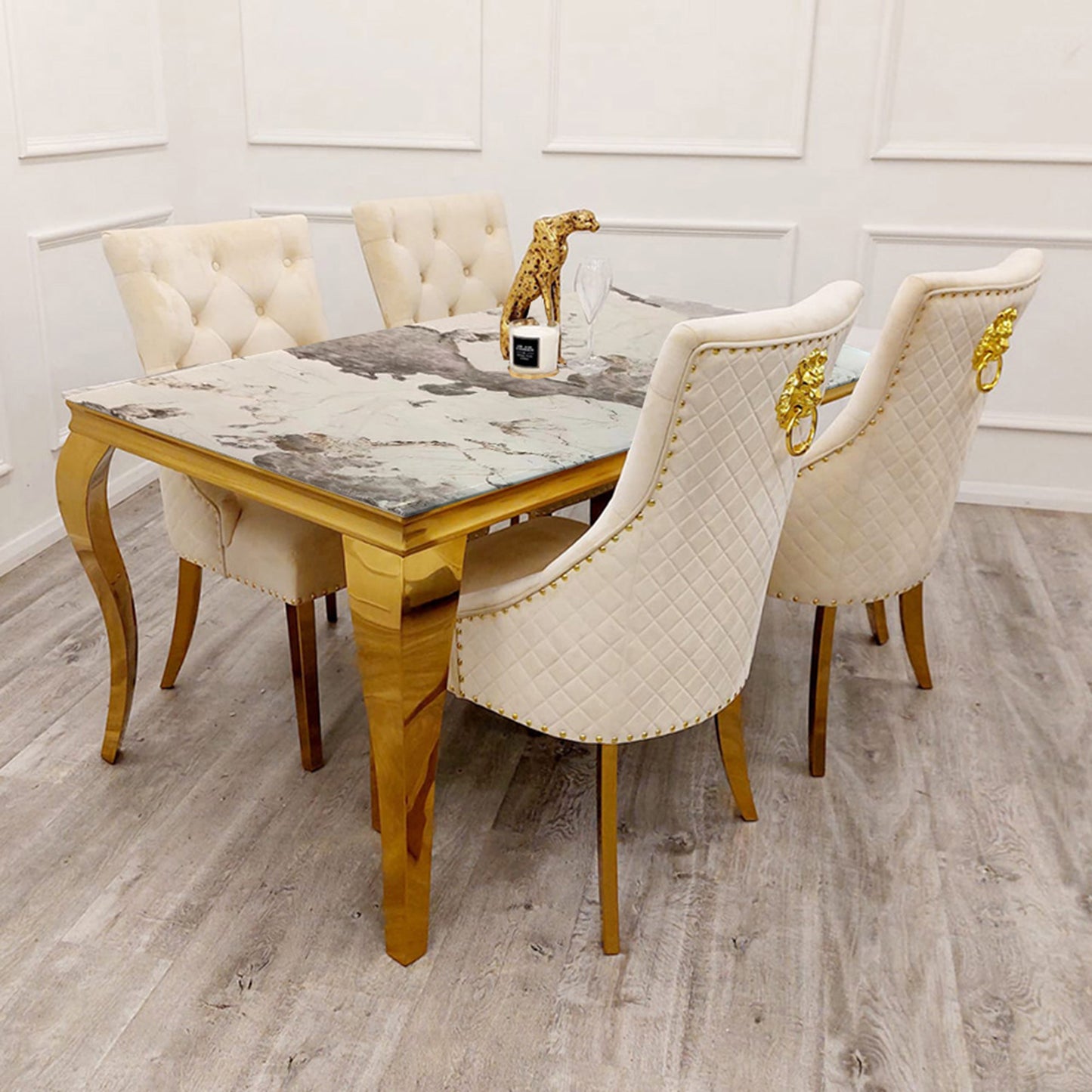 Louis Gold Dining Table Marble Top 1.4m / 1.6m / 1.8m / 2m - White | Light Grey | Black | Black&Gold | Pandora Cream
