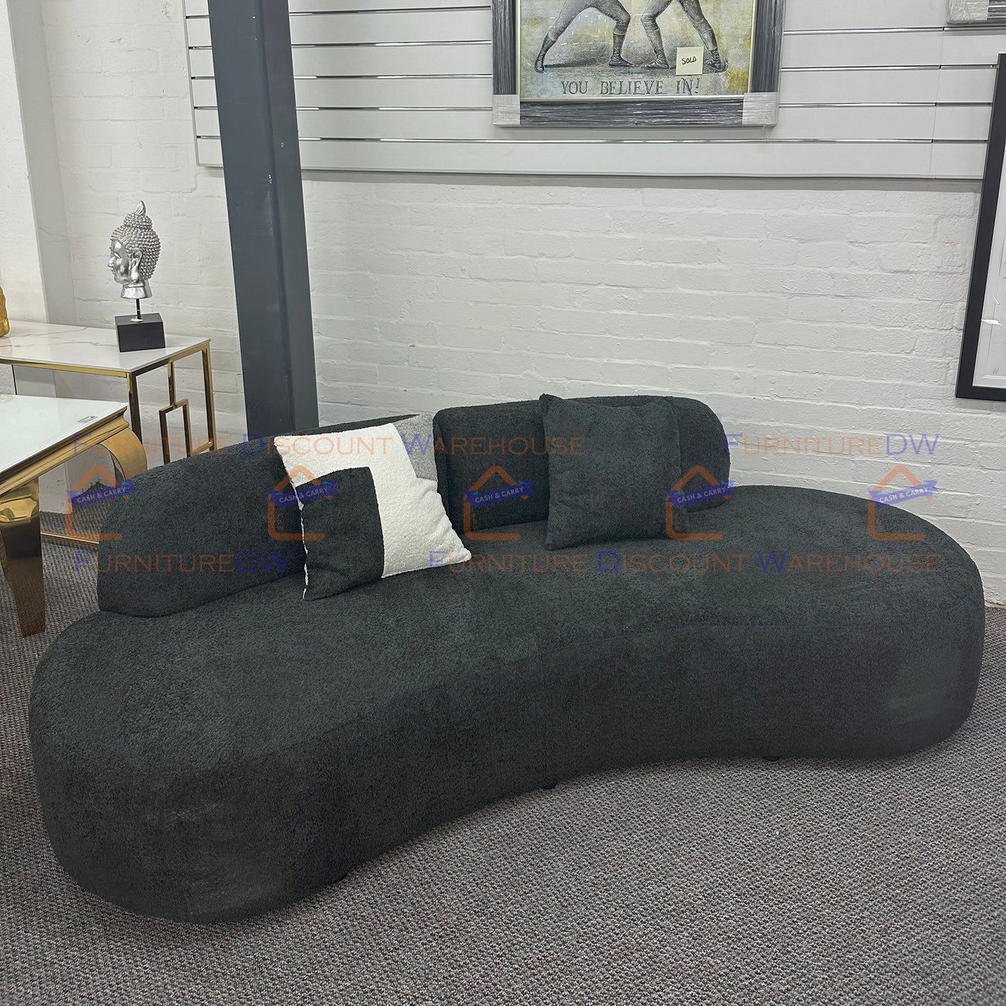 Miami 3 Seater Curved Boucle Sofa - Black | Grey