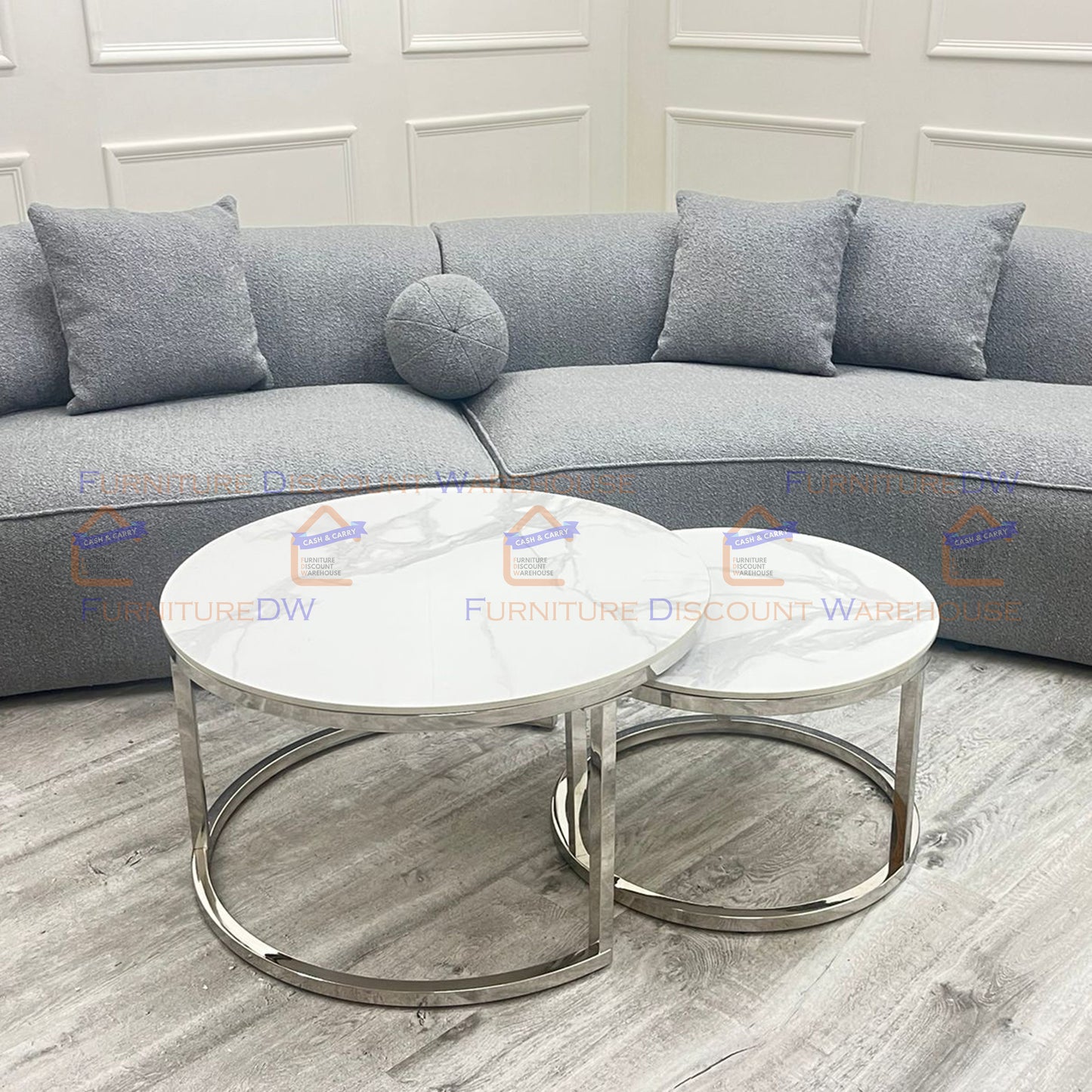 Cato Nest of 2 Short Round Chrome Coffee Tables 80cm / 60cm - Polar White Sintered Stone Tops
