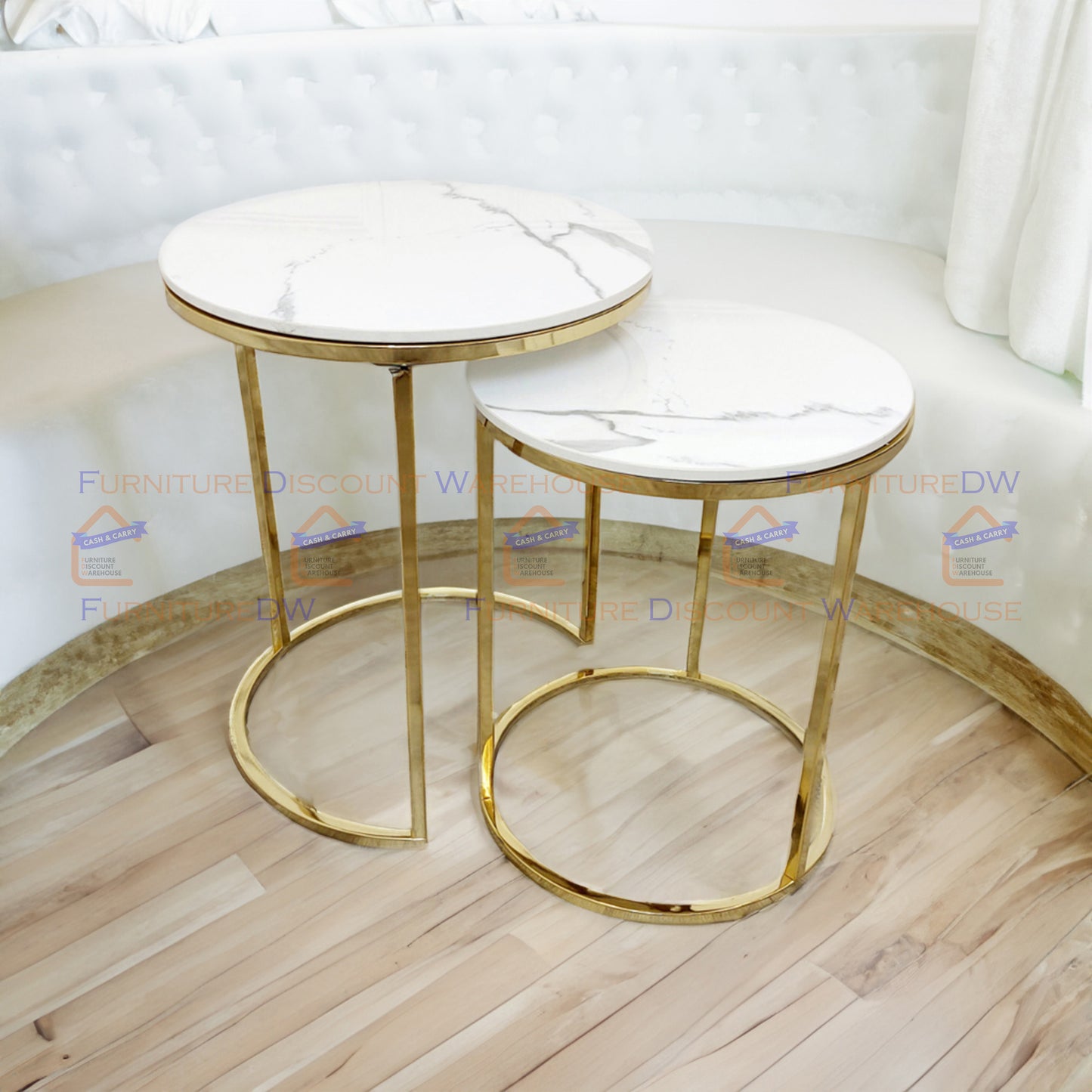 Cato Nest of 2 Tall Gold End Tables 45cm / 38cm - Polar White Sintered Stone Tops