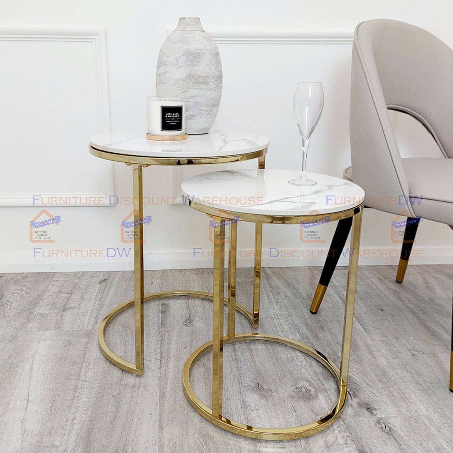 Cato Nest of 2 Tall Gold End Tables 45cm / 38cm - Polar White Sintered Stone Tops