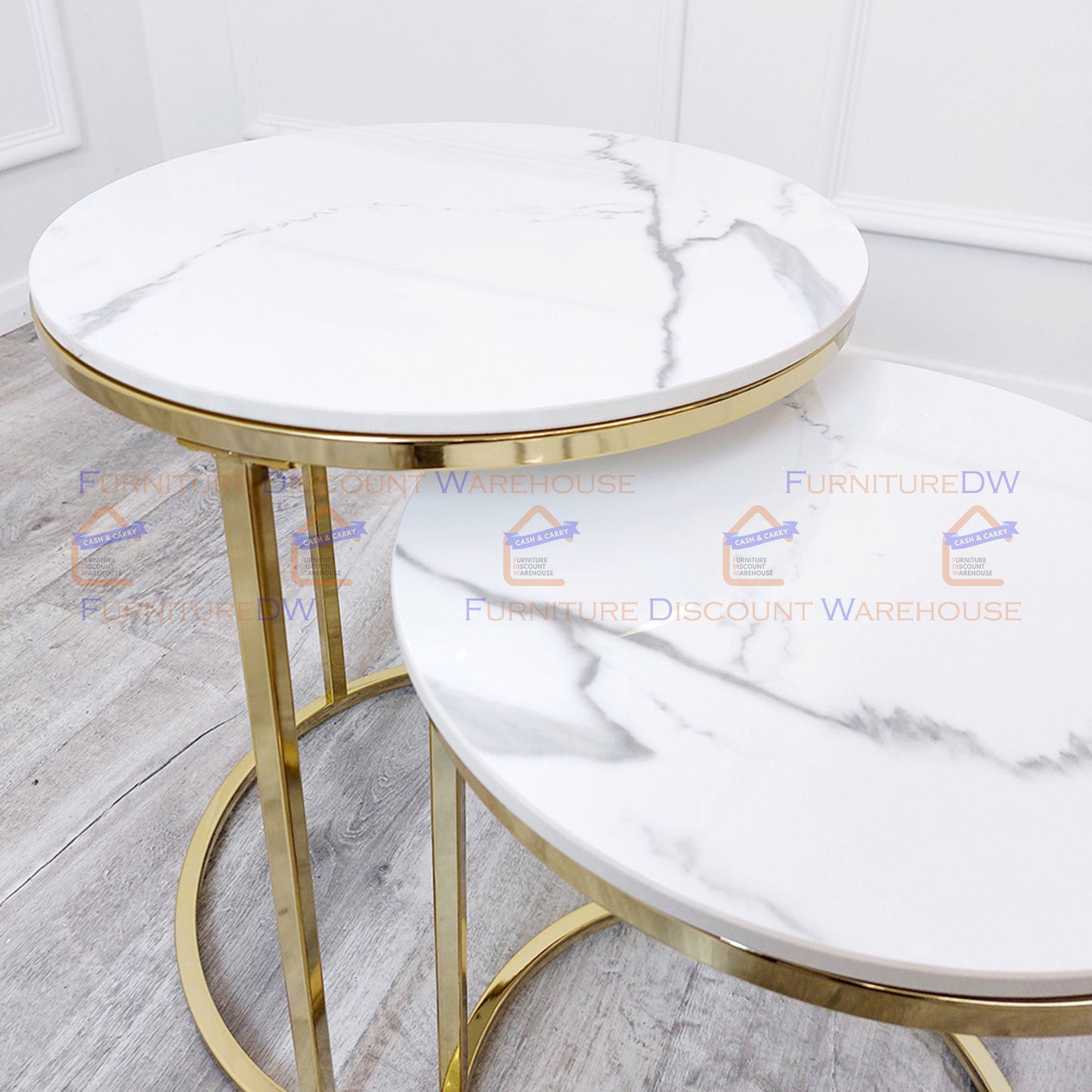 Cato Nest of 2 Tall Gold End Tables 45cm / 38cm - Polar White Sintered Stone Tops