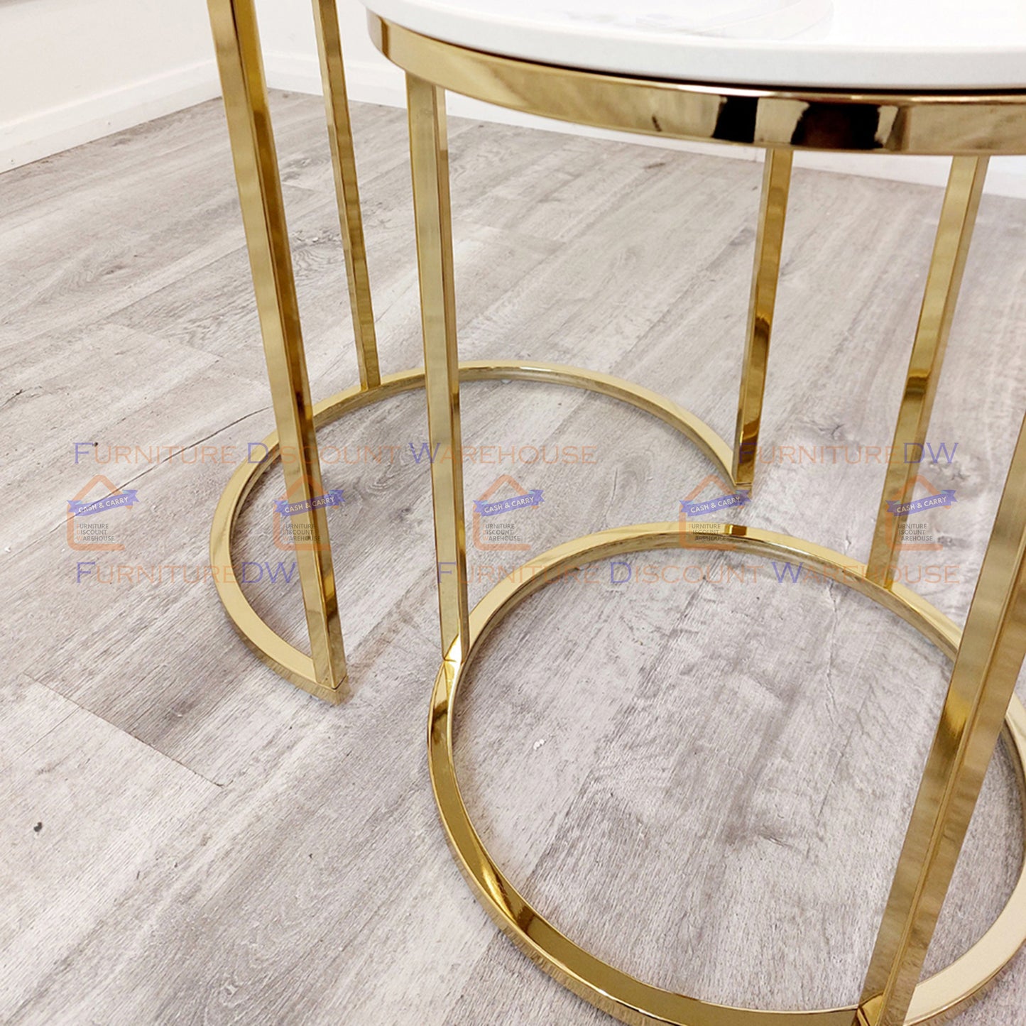Cato Nest of 2 Tall Gold End Tables 45cm / 38cm - Polar White Sintered Stone Tops