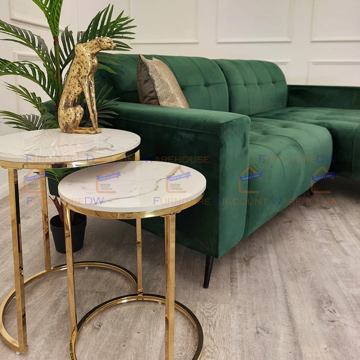 Cato Nest of 2 Tall Gold End Tables 45cm / 38cm - Polar White Sintered Stone Tops