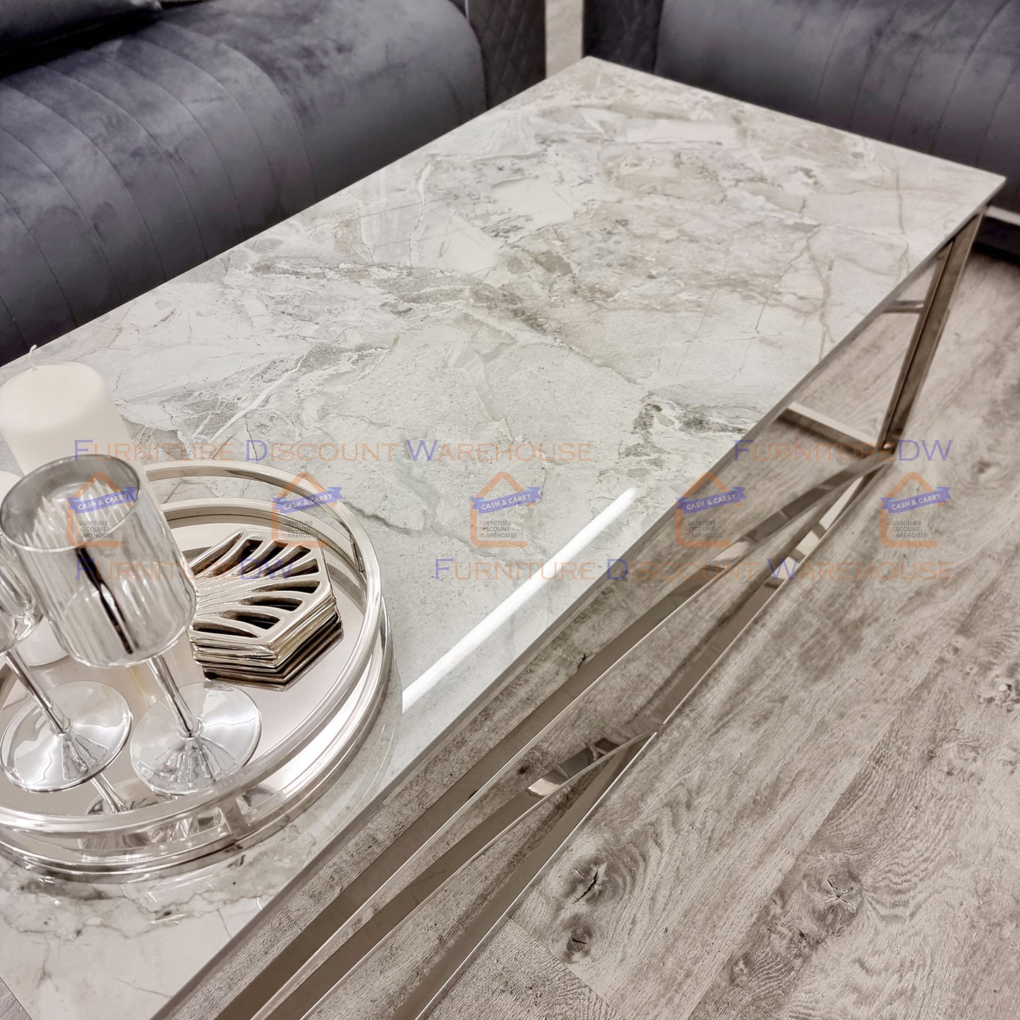 Stella Chrome Coffee Table 1.2m | Ash Grey Sintered Stone Top