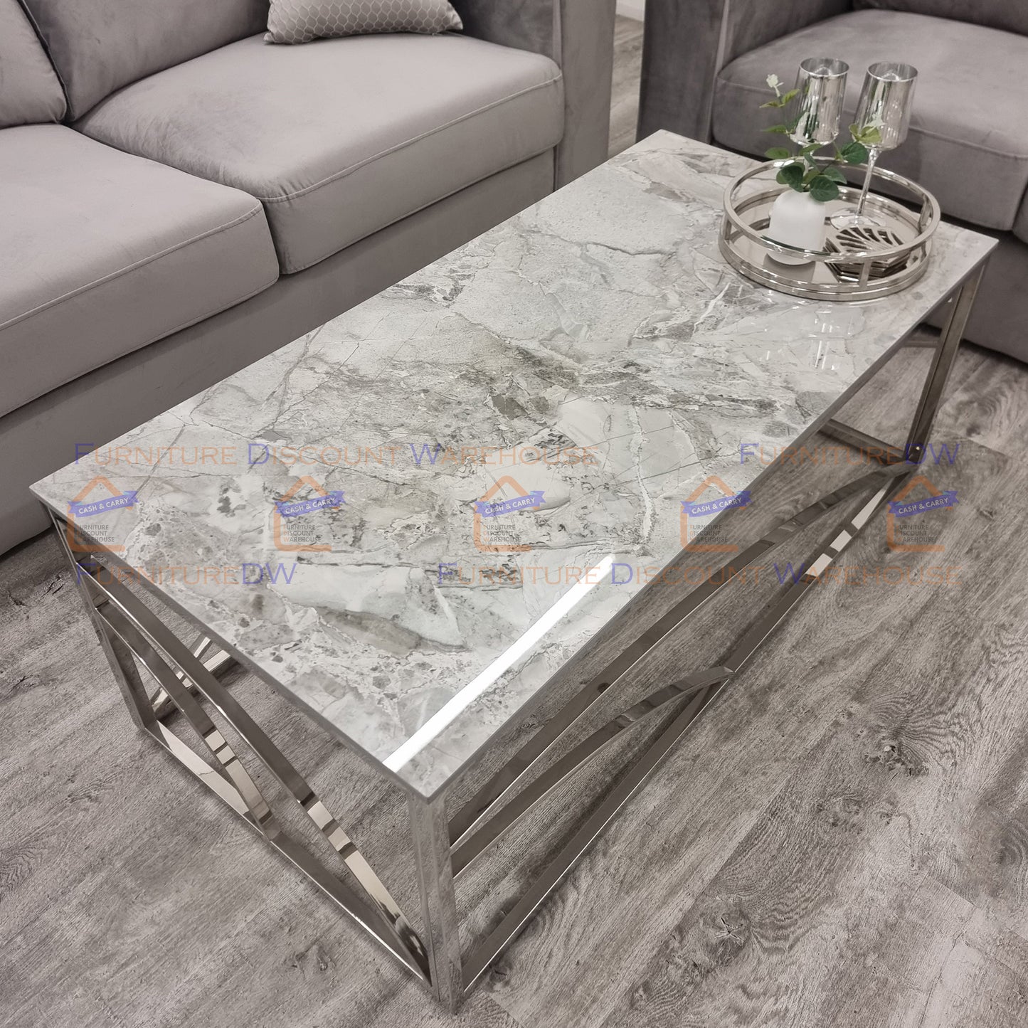 Stella Chrome Coffee Table 1.2m | Ash Grey Sintered Stone Top