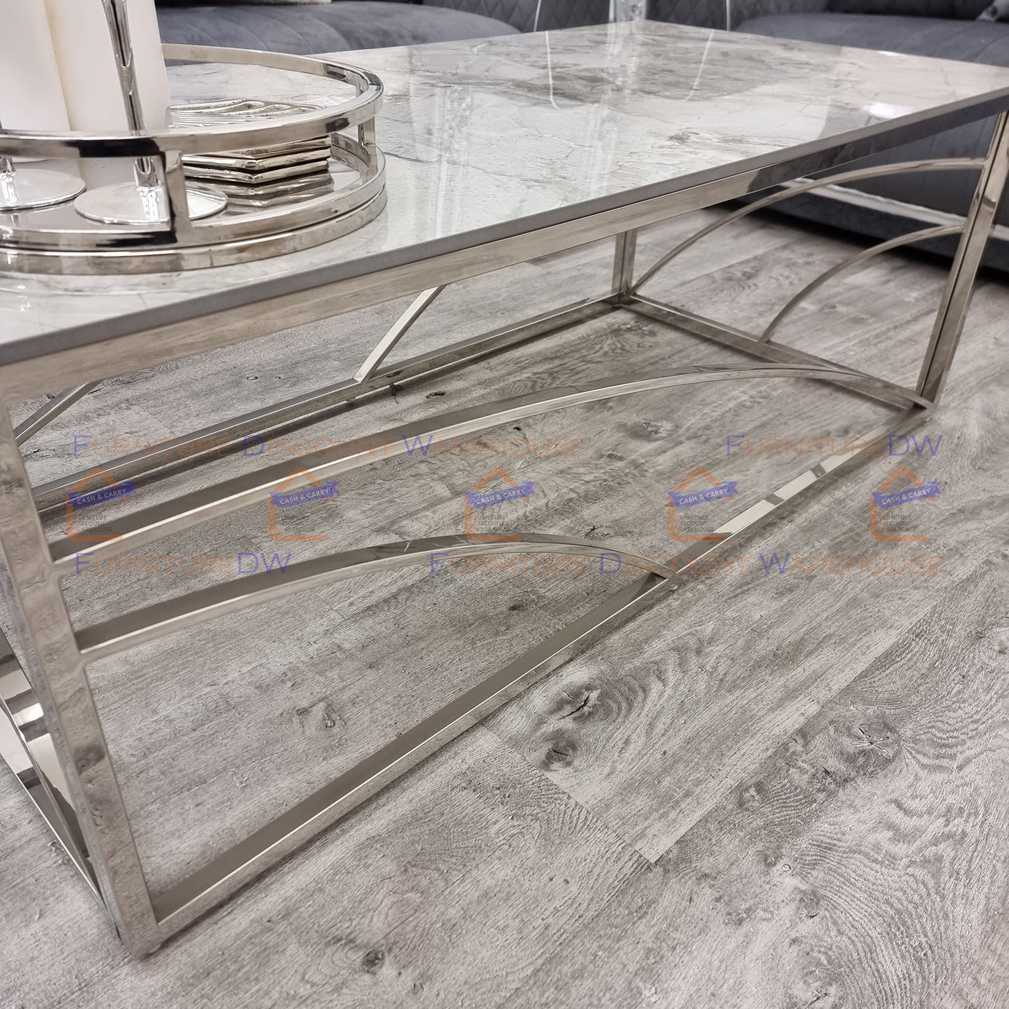 Stella Chrome Coffee Table 1.2m | Ash Grey Sintered Stone Top