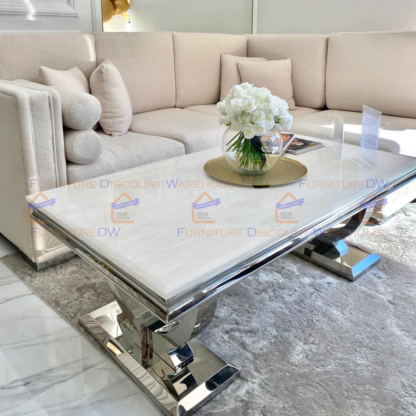 Arriana Chrome Coffee Table 1.3m - Marble | Sintered Stone | Tempered Glass Top