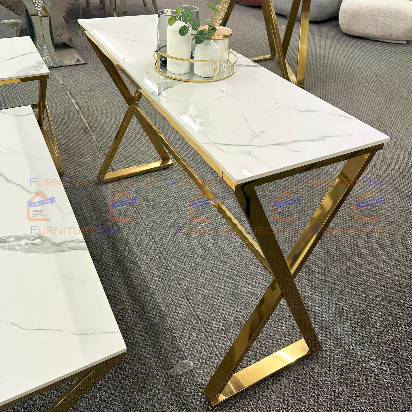 Zion Gold Console Table 1.2m - Polar White Sintered Stone Top