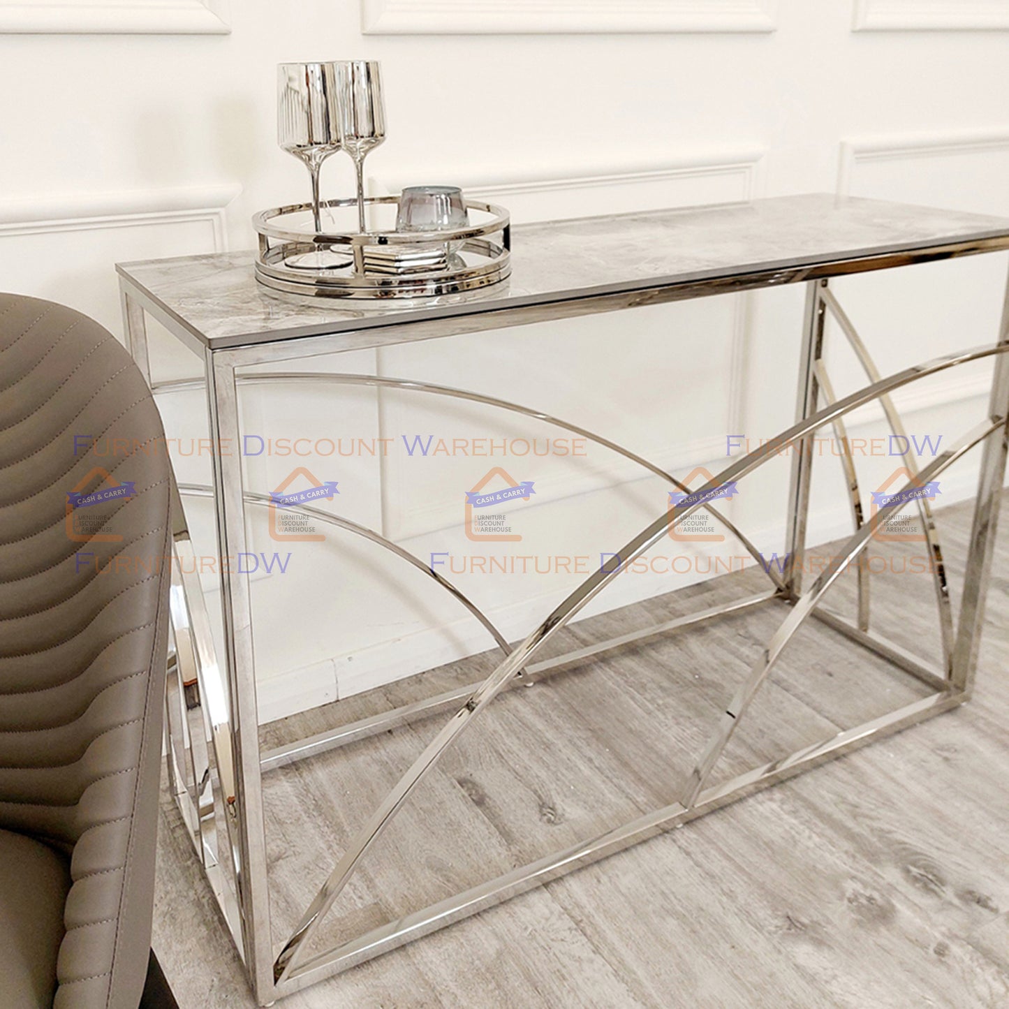 Stella Chrome Console Table 1.2m - Ash Grey Sintered Stone Top