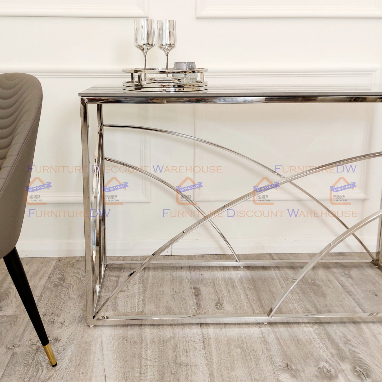 Stella Chrome Console Table 1.2m - Ash Grey Sintered Stone Top