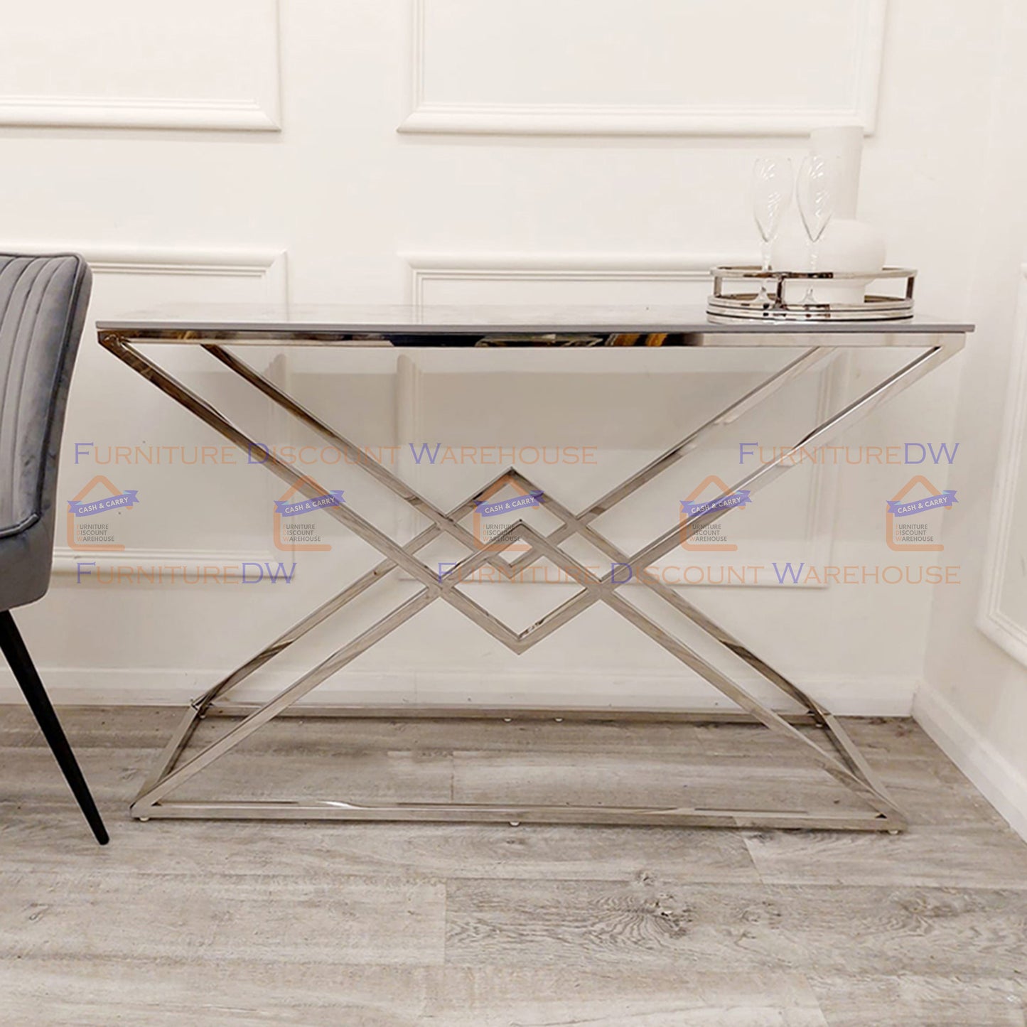 Vesta Chrome Console Table 1.2m - Ash Grey Sintered Stone Top
