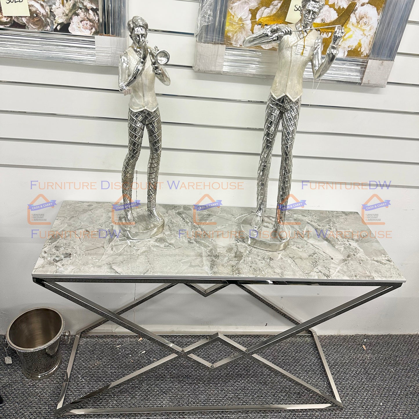 Vesta Chrome Console Table 1.2m - Ash Grey Sintered Stone Top