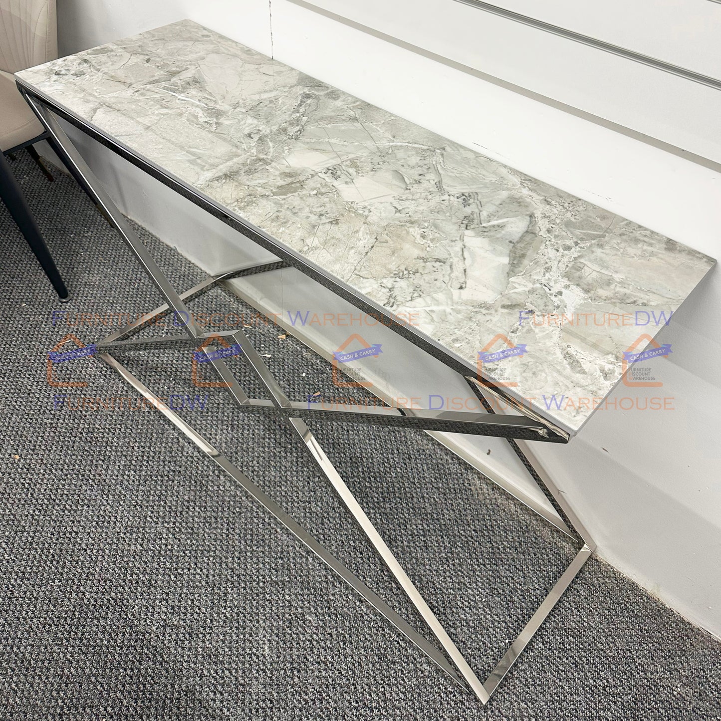 Vesta Chrome Console Table 1.2m - Ash Grey Sintered Stone Top