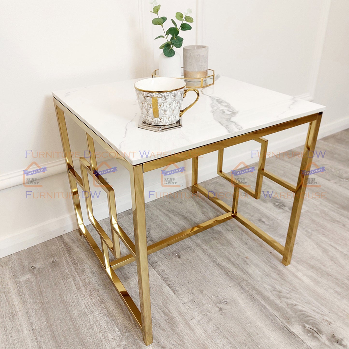 Geo Gold Lamp Table 55cm - Polar White Sintered Stone Top