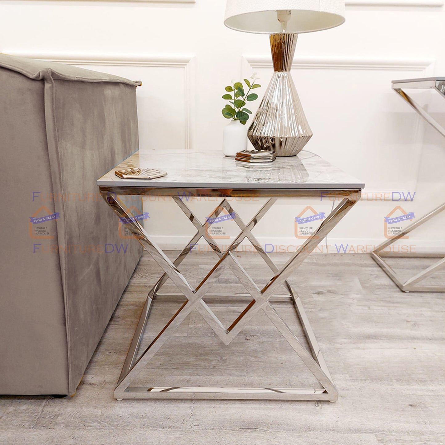 Vesta Chrome Lamp Table 55cm - Ash Grey Sintered Stone Top